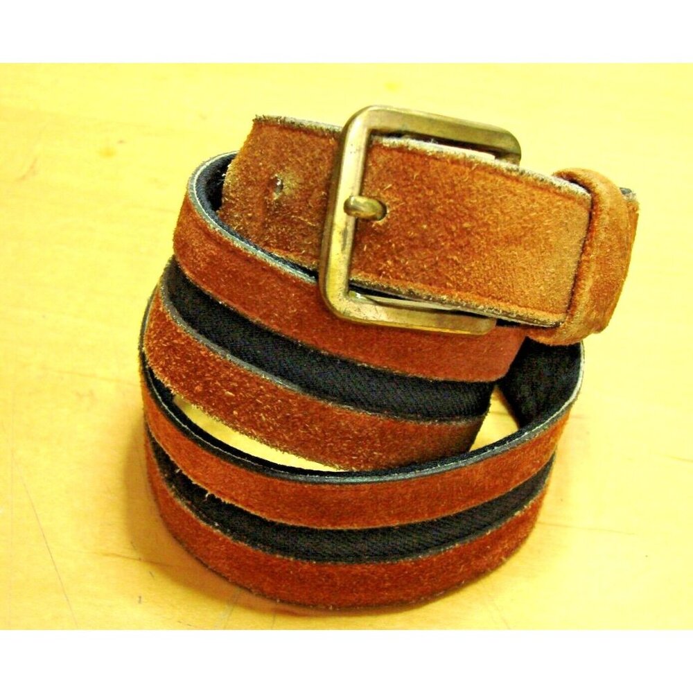 Mens Brown Suede with Black Inlay Leather Belt Size 33 Style 9209 Unbranded Vtg